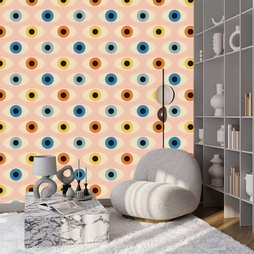 Behang Seamless pattern with minimal 20s geometric design with eyes, vector template with primitive shapes elements