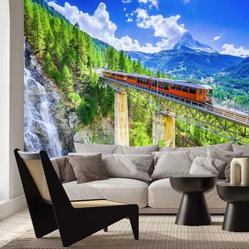 Fotobehang Trein op de brug bij de waterval