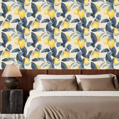 Behang Fruit seamless pattern, pastel lemons and blue leaves on bright brown