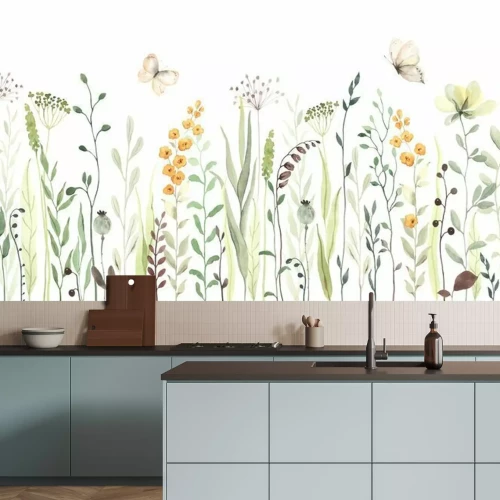 Fotobehang Floral seamless horizontal border with abstract yellow flowers, green leaves and plants, flying butterflies. Watercolor isolated pattern on white background, panoramic illustration summer meadow.