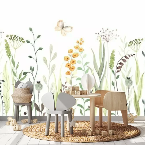 Sticker Floral seamless horizontal border with abstract yellow flowers, green leaves and plants, flying butterflies. Watercolor isolated pattern on white background, panoramic illustration summer meadow.