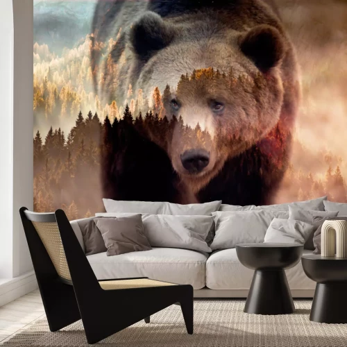 Fotobehang Bruine beer en boslandschap