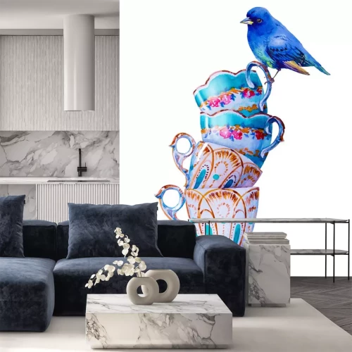 Sticker Blauwe vogel en shabby chic kopjes