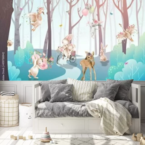 Fotobehang Kinderillustratie met bosdieren