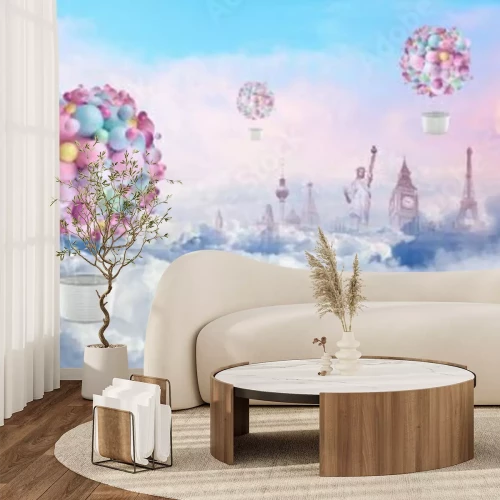 Fotobehang Toeristische iconen en ballonnen abstracte compositie tussen de wolken