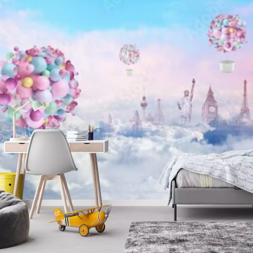 Fotobehang Toeristische iconen en ballonnen abstracte compositie tussen de wolken