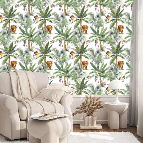 Behang Beautiful seamless pattern with watercolor tropical palms and jungle animals tiger, giraffe, leopard. Stock illustration.