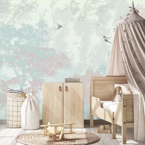 Fotobehang Paard in een weide met bomen op de achtergrond, abstract