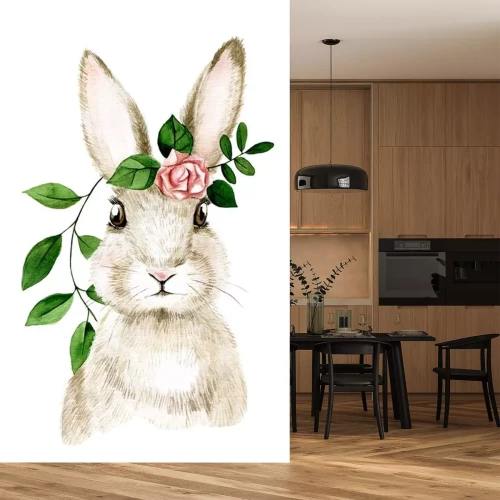 Sticker Schattig konijntje met een roos op een witte achtergrond