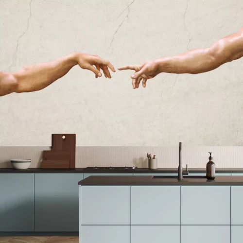 Fotobehang Handaanraakmotief op een beige achtergrond met een betonnen textuur