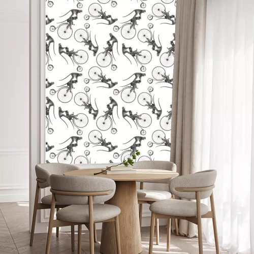 Behang Schattige apen op fietsen zwart-wit patroon