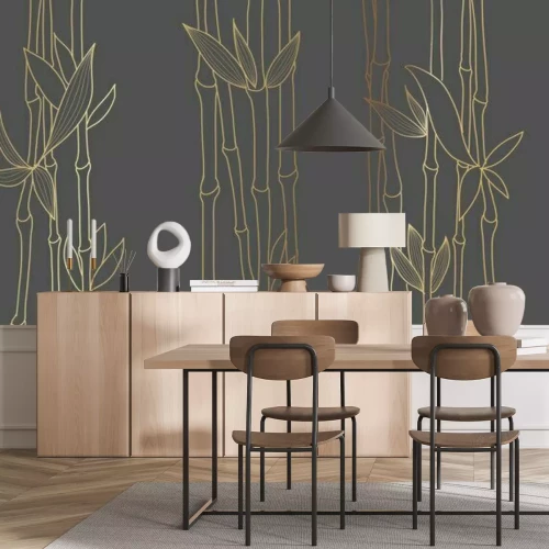 Fotobehang Gouden omtrek van bamboescheuten op een zwarte achtergrond