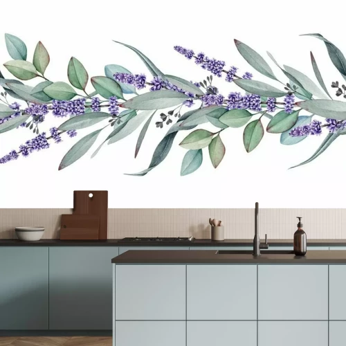Sticker Seamless border from lavender and eucalyptus watercolor illustration. Natural organic herbs mixed in elegant ornament. Hand drawn eucalyptus branch with lavender flowers in elegant seamless border