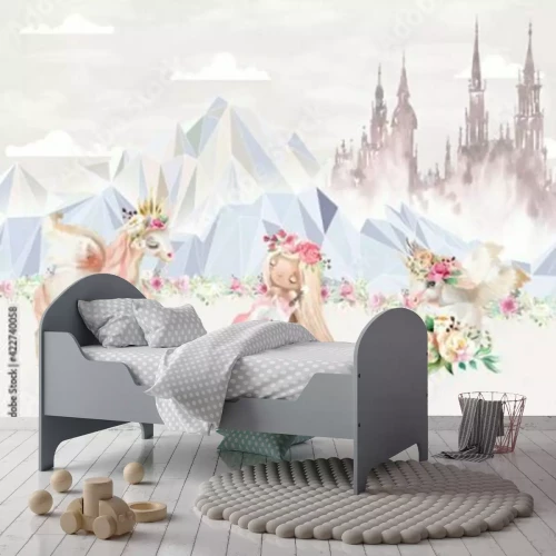 Fotobehang Voor een meisje, een prinses, een eenhoorn en een kasteel