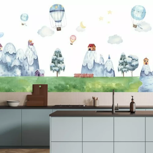 Fotobehang Border seamless pattern childrens illustration with balloons, mountain landscape, trees, forest, houses in the mountains, clouds, watercolor illustration pastel gentle colors