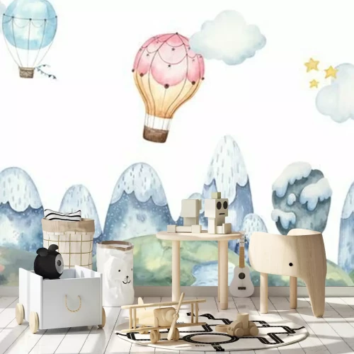 Fotobehang Ballonnen boven een berglandschap