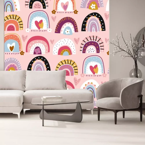 Sticker Regenbogen met bloemen op roze achtergrond