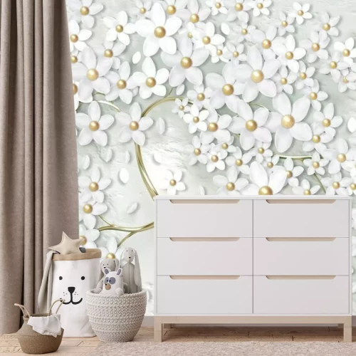 Fotobehang Boom met witte 3D bloemen