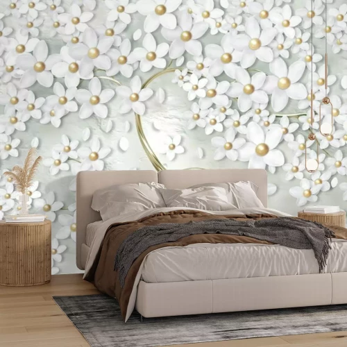 Fotobehang Boom met witte 3D bloemen