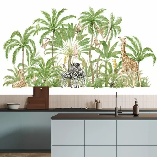 Fotobehang Watercolor safari animals and tropical palms. Jungle compositions. Giraffe, zebra, monkey, parrot. Brigth summer exotic jungle. 