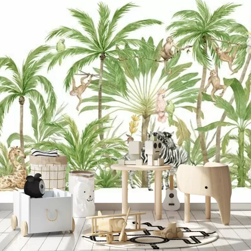 Fotobehang Watercolor safari animals and tropical palms. Jungle compositions. Giraffe, zebra, monkey, parrot. Brigth summer exotic jungle. 