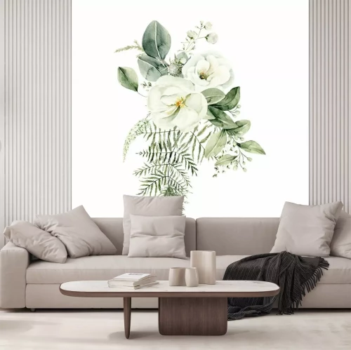 Sticker Watercolor floral composition. Hand painted white flowers, forest leaves of fern, eucalyptus. Bouquet isolated on white background. Botanical illustration for design, print or background