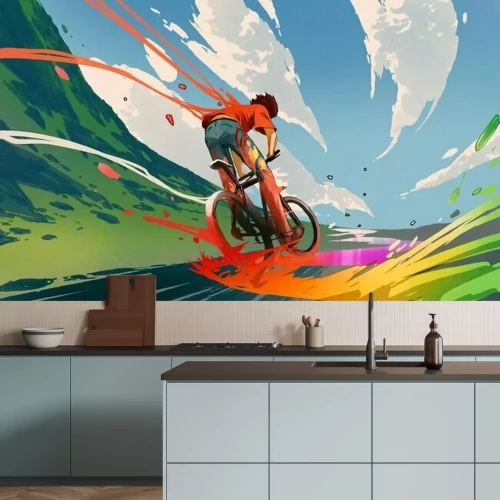 Fotobehang Young man riding a bicycle with a colorful energy, digital art style, illustration painting