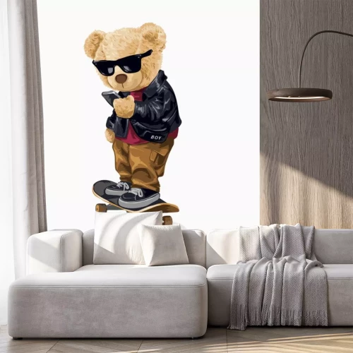 Sticker text while skating slogan with fashion bear doll standing on skateboard illustration