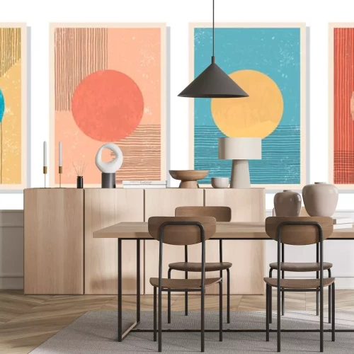 Sticker Elegant abstract trendy minimalist aesthetic hand painted backgrounds. Contemporary wall art decor. Collection of A4 mid-century art compositions with textured organic shapes. CMYK