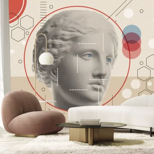 Sticker Art collage with antique sculpture of Venus face and numbers, geometric shapes. Beauty, fashion and health theme. Science, research, discovery, technology concept. Zine culture. Pop art style.