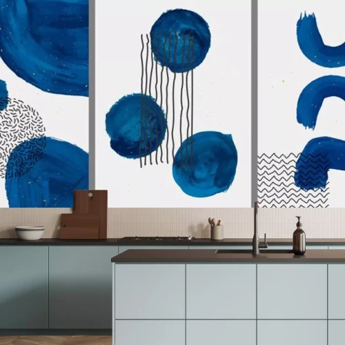 Sticker Vector illustration. Abstract contemporary aesthetic backgrounds. Design for poster, postcard, invitation card, flyer, brochure cover. Room wall decor. Blue watercolor paints with golden splash dots