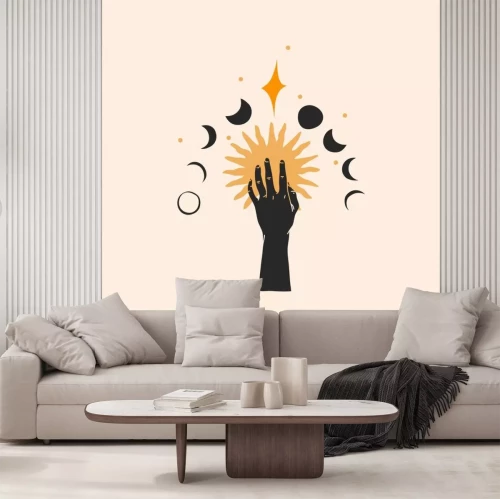 Sticker Hand drawn vector abstract stock flat graphic illustration with logo element,magic line art of gold sun,human hand silhouette and moon phases in simple style for branding,isolated on color background