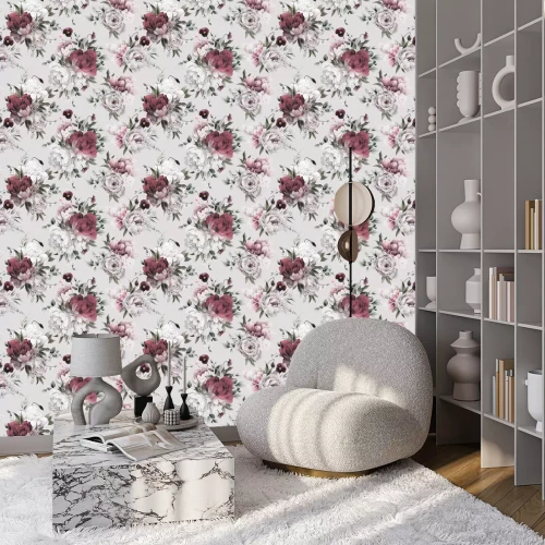 Behang Uiterst kleine boeketten van pioenrozen op een grijze achtergrond