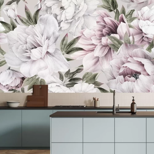 Fotobehang Patroon met lichte pioenrozen