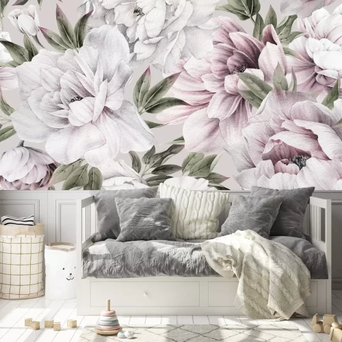 Fotobehang Patroon met lichte pioenrozen