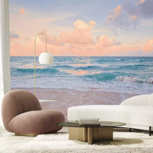 Fotobehang Sea ocean beach sunset sunrise landscape outdoor. Water wave with white foam. Beautiful sunset airy red sky with clouds. Natural aquatic blue pink turquoise aquamarine colorful background.