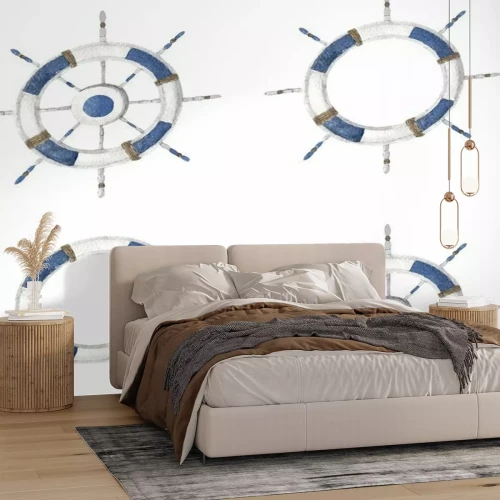 Sticker Set of Boat steering wheel from wood. isolated on white background. Watercolor illustration.