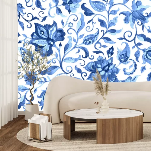 Sticker Blauw waterverf bloemenornament