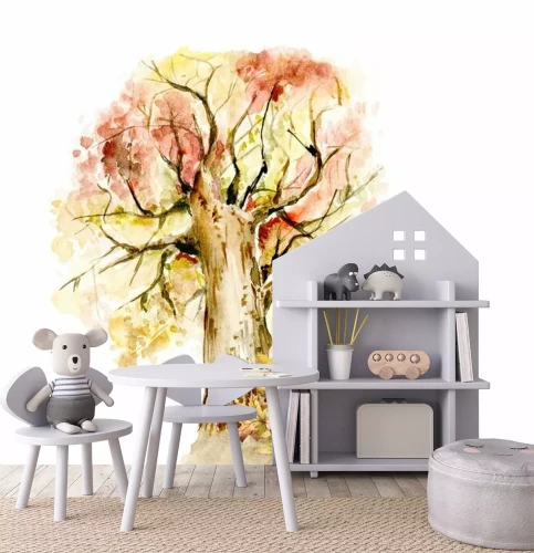 Sticker Hand drawing watercolor illustration - squirrel in a dress with floral composition of acorns, leaves, berries, flowers and autumn tree. illustration isolated on white