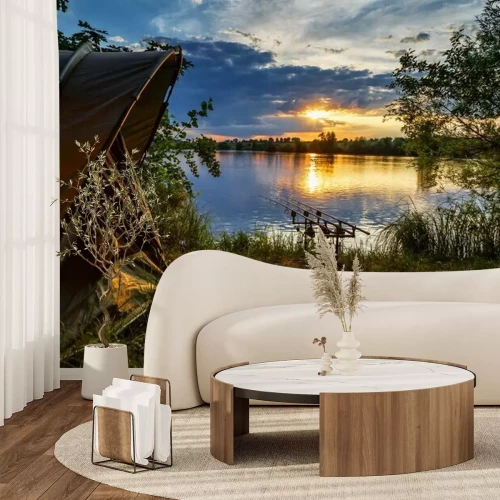 Fotobehang Vissen bij het meer en zonsondergang