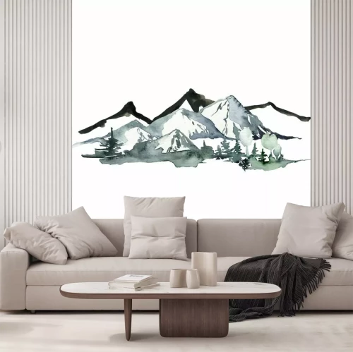 Sticker Watercolor and ink landscape of mountains and forest. Hand painted abstract winter fir and pine trees. Minimalistic illustrations isolated on white background. For design, print, fabric or background.