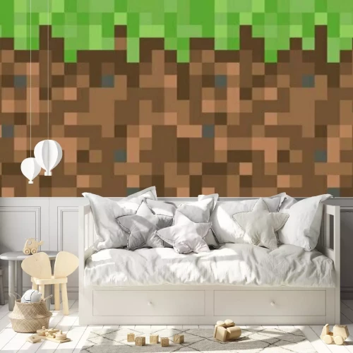 Fotobehang Geometrische achtergrond in videogamestijl in groenbruine kleuren