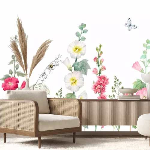 Sticker Beautiful horizontal seamless floral pattern with watercolor summer mallow flowers. Stock illustration.