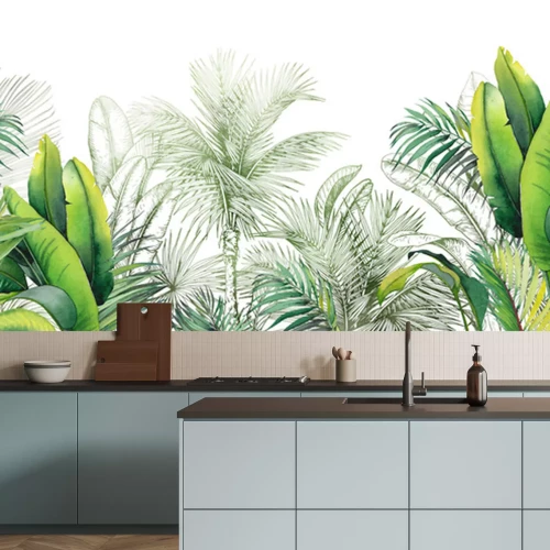 Sticker Seamless watercolor border with green tropical foliage.