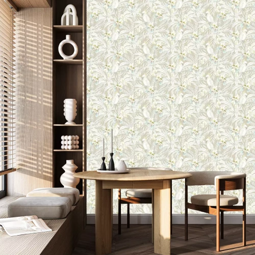 Behang Kaketoe papegaaien tussen orchideeën bloemen