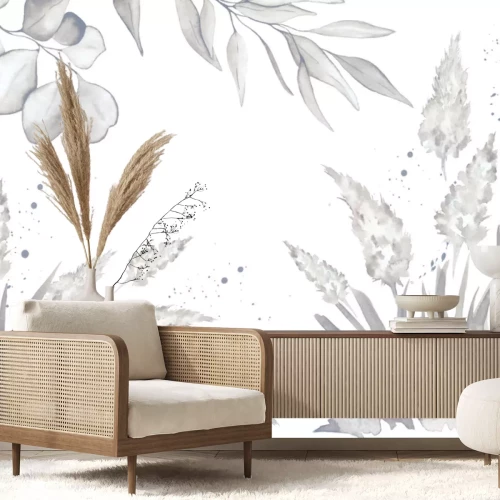 Fotobehang Aquarelstijl bloeiende pampasgras en bladeren