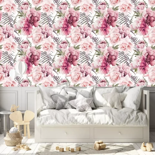 Behang Pioenrozen en varens