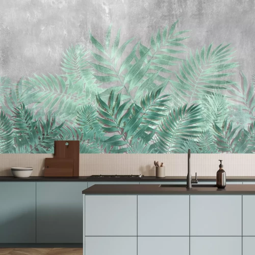 Fotobehang Groot tropisch bladeren botanisch patroon op beton