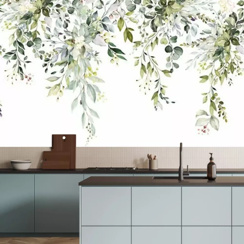 Fotobehang Groene takjes geschilderd met waterverf op een witte achtergrond