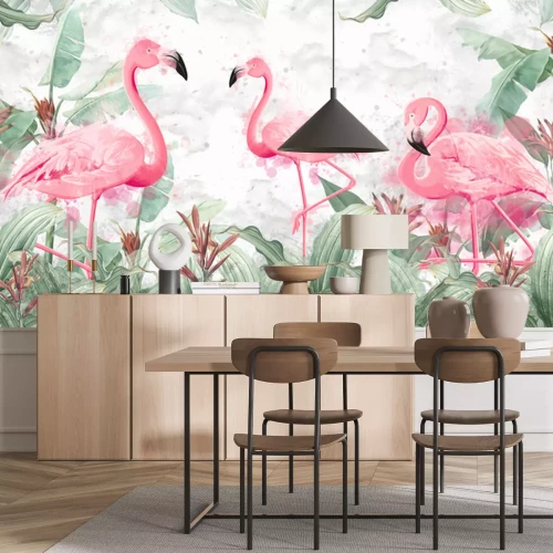 Fotobehang flamingos in tropical streams with textured background, photo wallpaper